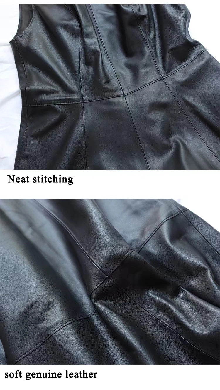 Leather Midi Dress - Sleeveless Pleated Skirt