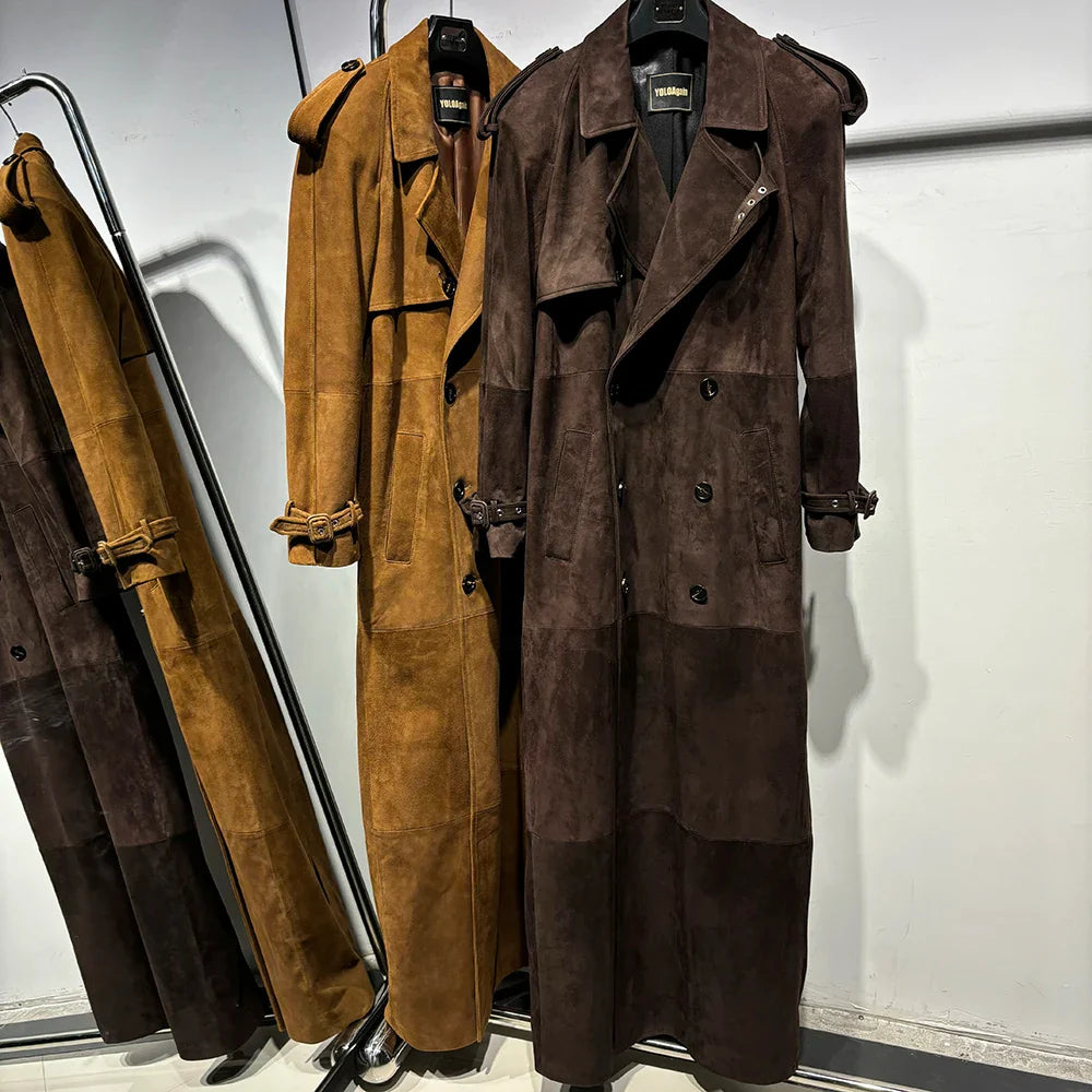 Long Real Leather Trench Coat for Women - Double Breasted Suede