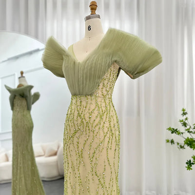 Luxury Dubai Sage Green Mermaid Evening Dress - Off Shoulder Formal Party Gown