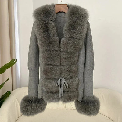 Women's Luxury Fur Coat with Detachable Fox Fur Collar - Autumn/Winter