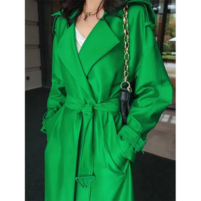 Elegant Mid-Length Women's Trench Coat | Green Windbreaker Outerwear