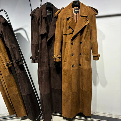 Long Real Leather Trench Coat for Women - Double Breasted Suede