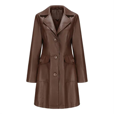 Red PU Leather Waist Lace-Up Long Jacket - Women's Fashion Overcoat