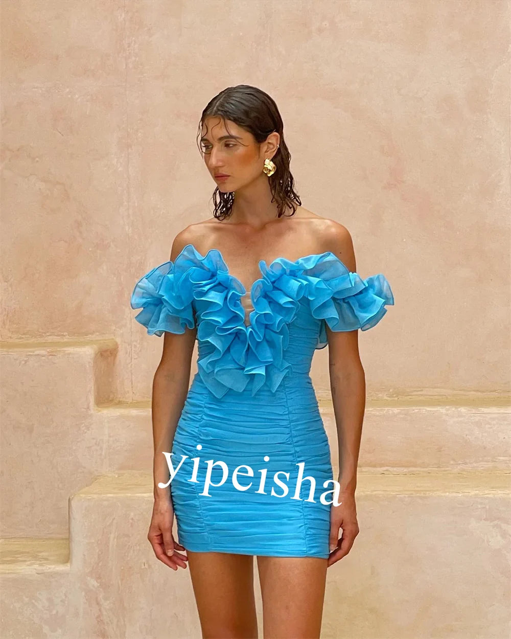Customized Off-Shoulder Mini Graduation Dress with Flower Pleats