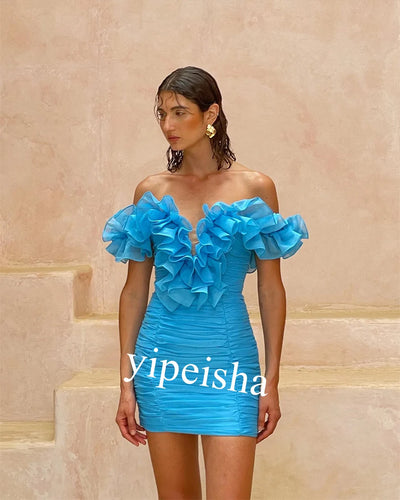 Customized Off-Shoulder Mini Graduation Dress with Flower Pleats