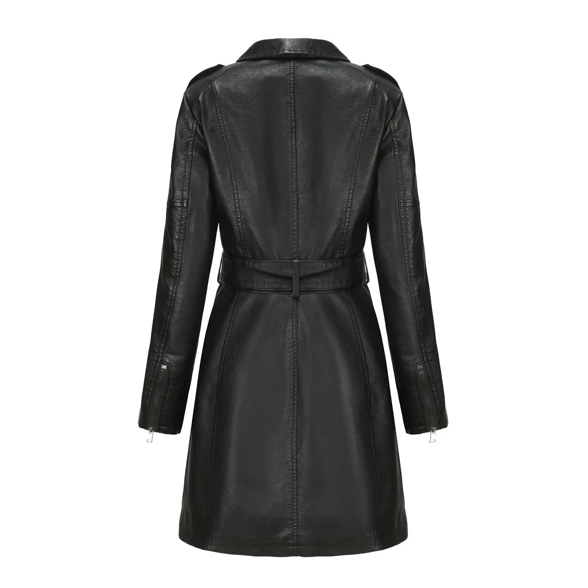 Red PU Leather Waist Lace-Up Long Jacket - Women's Fashion Overcoat
