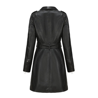 Red PU Leather Waist Lace-Up Long Jacket - Women's Fashion Overcoat