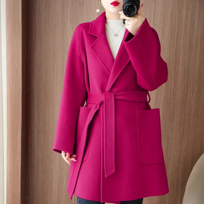 Women Double-Sided Woolen Cashmere Coat with Belt