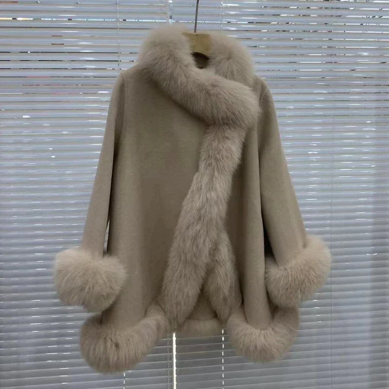Women's Winter Real Fur Coat with Natural Fox Fur Collar and Wool Blend