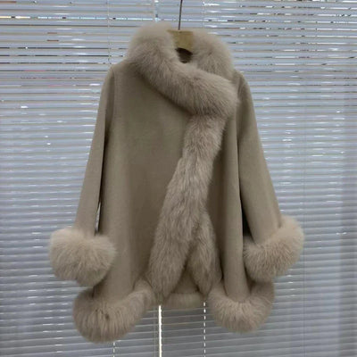 Women's Winter Real Fur Coat with Natural Fox Fur Collar and Wool Blend