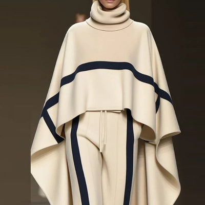 Casual Color Blocked Loose 2-Piece Winter Set - Turtleneck Cloak Top & Pants