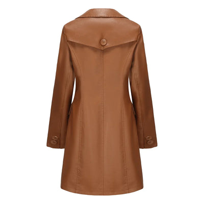 Red PU Leather Waist Lace-Up Long Jacket - Women's Fashion Overcoat