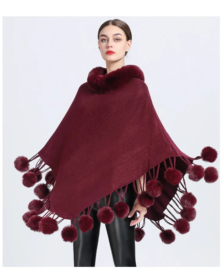 Poncho Scarf with Faux Fur Collar and Fringed Shawl