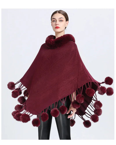 Poncho Scarf with Faux Fur Collar and Fringed Shawl