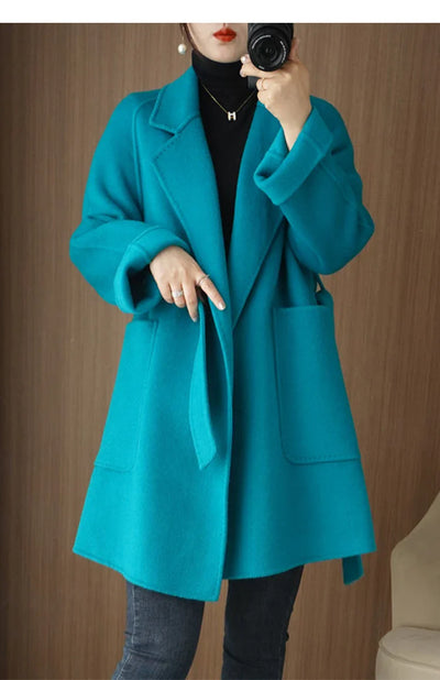 Women Double-Sided Woolen Cashmere Coat with Belt