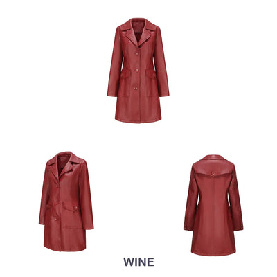 Red PU Leather Waist Lace-Up Long Jacket - Women's Fashion Overcoat