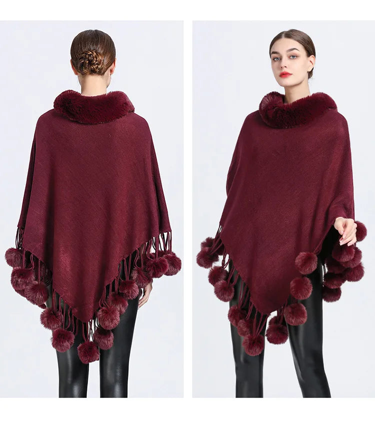 Poncho Scarf with Faux Fur Collar and Fringed Shawl