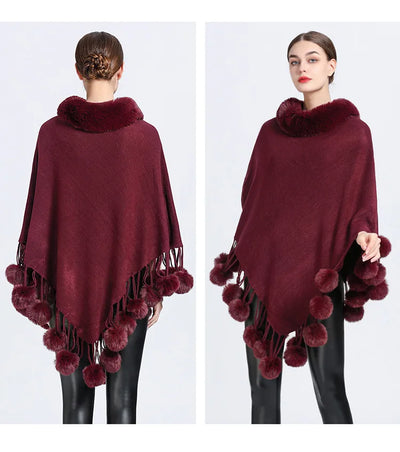 Poncho Scarf with Faux Fur Collar and Fringed Shawl