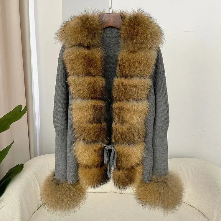 Women's Luxury Fur Coat with Detachable Fox Fur Collar - Autumn/Winter