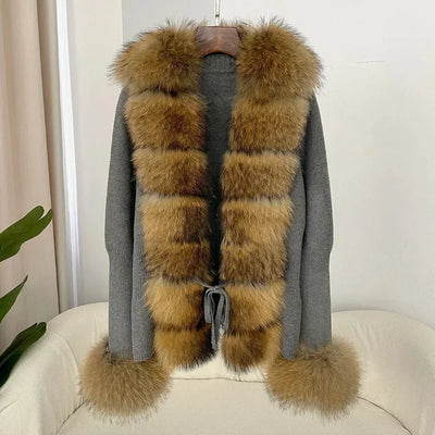 Women's Luxury Fur Coat with Detachable Fox Fur Collar - Autumn/Winter