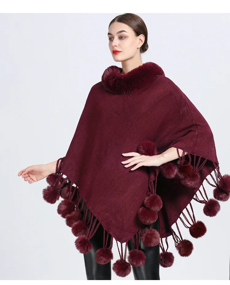 Poncho Scarf with Faux Fur Collar and Fringed Shawl