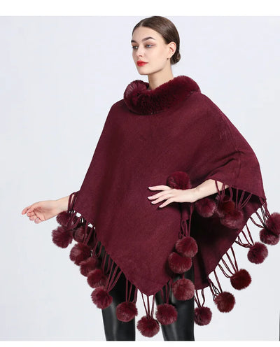 Poncho Scarf with Faux Fur Collar and Fringed Shawl