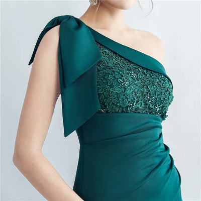 Candy Color Satin One-Shoulder Evening Dress with Slit and Appliques