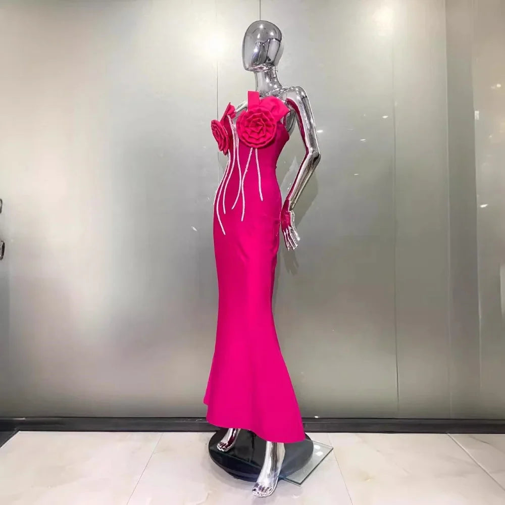 Modern Handmade Flower Pleat Mermaid Strapless Long Dress