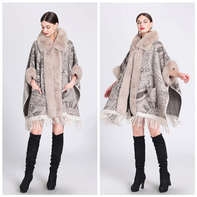Soft Warm Wool Blend Cape Coat with Faux Fur and Tassels for Women