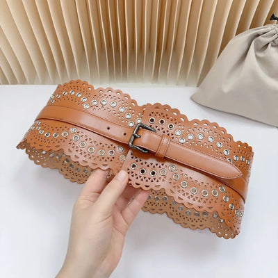 12 CM Wide Hollow Pattern Pin Buckle Waist Belt - Handmade Luxury Accessory