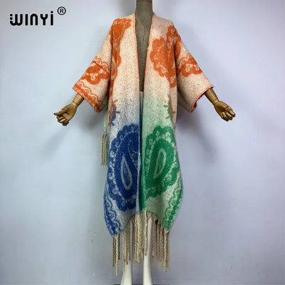 Winter Coat for Women - Luxury Cashew Print Long Overcoat with Tassels