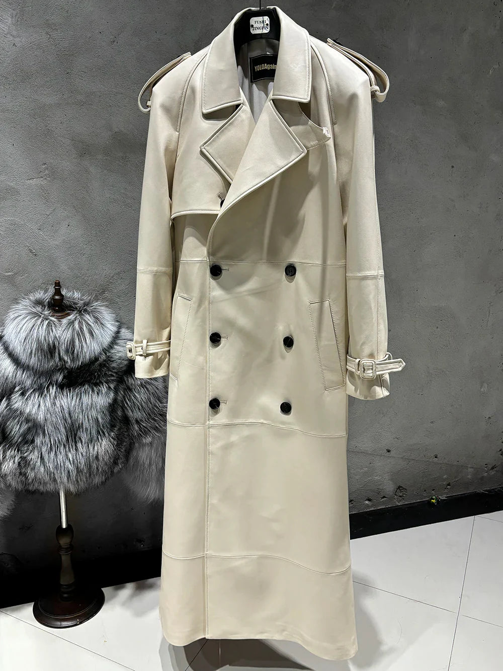 Long Real Leather Trench Coat for Women - Double Breasted Suede