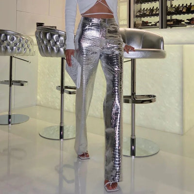 High Waisted Baggy PU Pants | Silver & Gold Loose Trousers