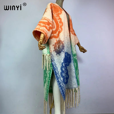Winter Coat for Women - Luxury Cashew Print Long Overcoat with Tassels