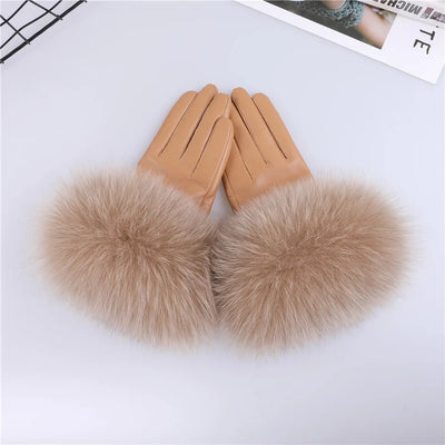Sheepskin Leather Gloves with Fox Fur Trim – Women's Winter Mittens