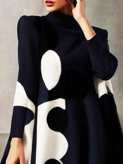 Elegant Polka-Dot High-Neck Long-Sleeve A-Line Party Dress