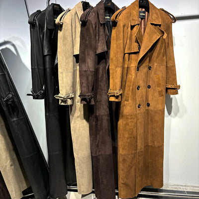 Long Real Leather Trench Coat for Women - Double Breasted Suede