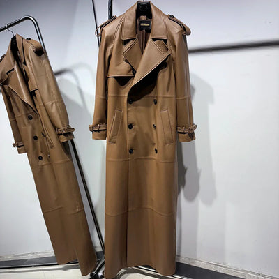 Long Real Leather Trench Coat for Women - Double Breasted Suede
