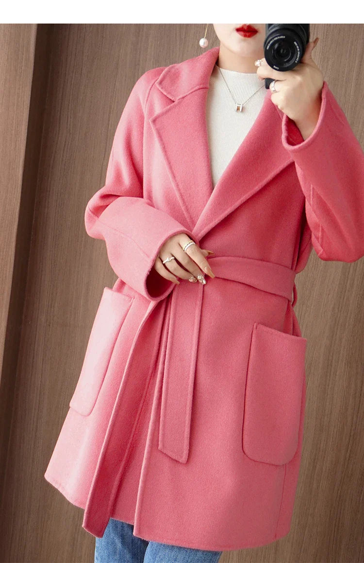 Women Double-Sided Woolen Cashmere Coat with Belt