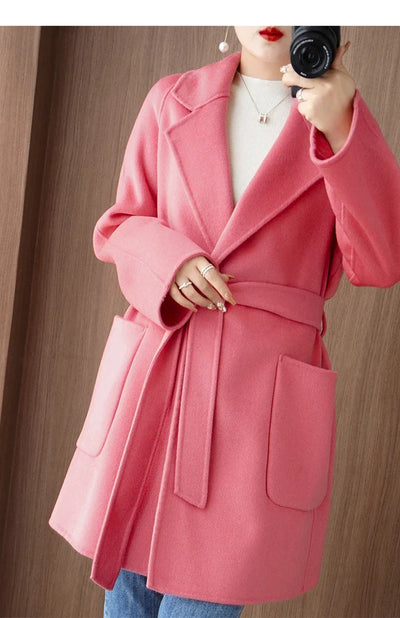 Women Double-Sided Woolen Cashmere Coat with Belt