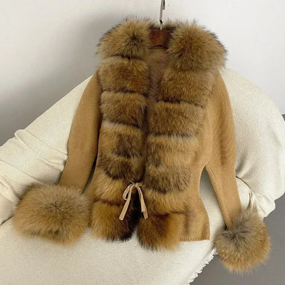 Women's Luxury Fur Coat with Detachable Fox Fur Collar - Autumn/Winter