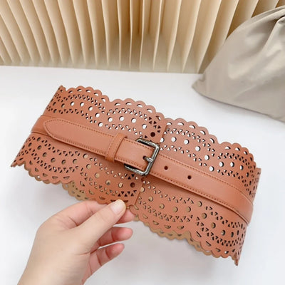 12 CM Wide Hollow Pattern Pin Buckle Waist Belt - Handmade Luxury Accessory
