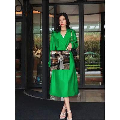 Elegant Mid-Length Women's Trench Coat | Green Windbreaker Outerwear