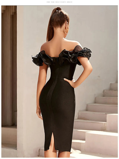 Women's Multi-Color One-Shoulder Lace Bandage Dress - Mid-Calf Cocktail Party