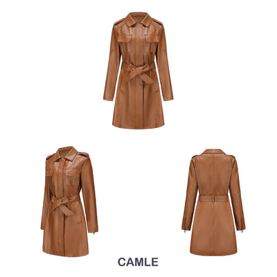Red PU Leather Waist Lace-Up Long Jacket - Women's Fashion Overcoat