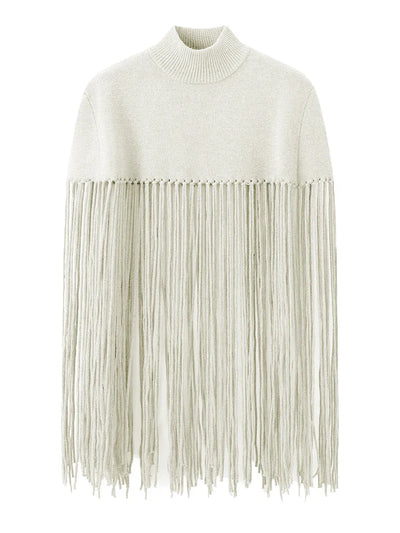 Solid Fringe Knitted Pullover Cloak for Women | Turtleneck Sleeveless Pullover