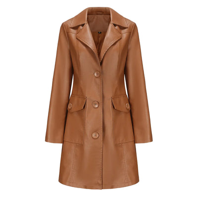 Red PU Leather Waist Lace-Up Long Jacket - Women's Fashion Overcoat