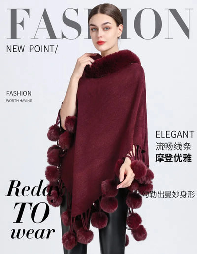Poncho Scarf with Faux Fur Collar and Fringed Shawl