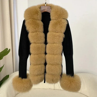 Women's Luxury Fur Coat with Detachable Fox Fur Collar - Autumn/Winter