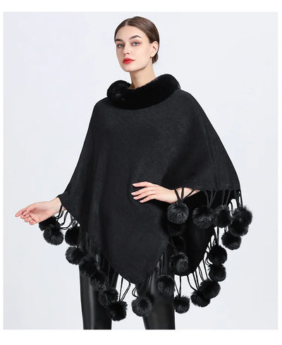 Poncho Scarf with Faux Fur Collar and Fringed Shawl